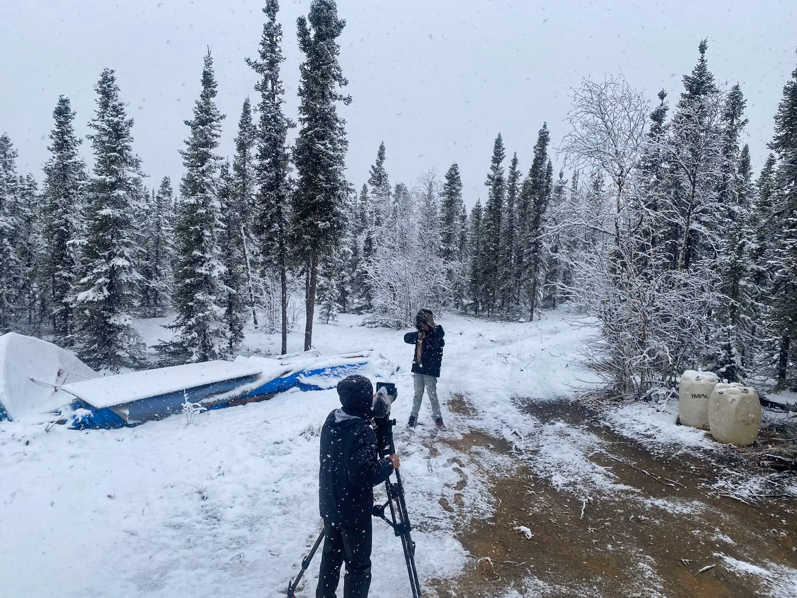 A film crew at work in fresh snow among spruce trees