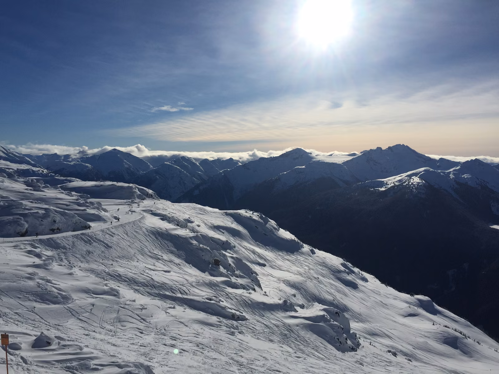 The Coast Mountains under a low winter sun from Whistler