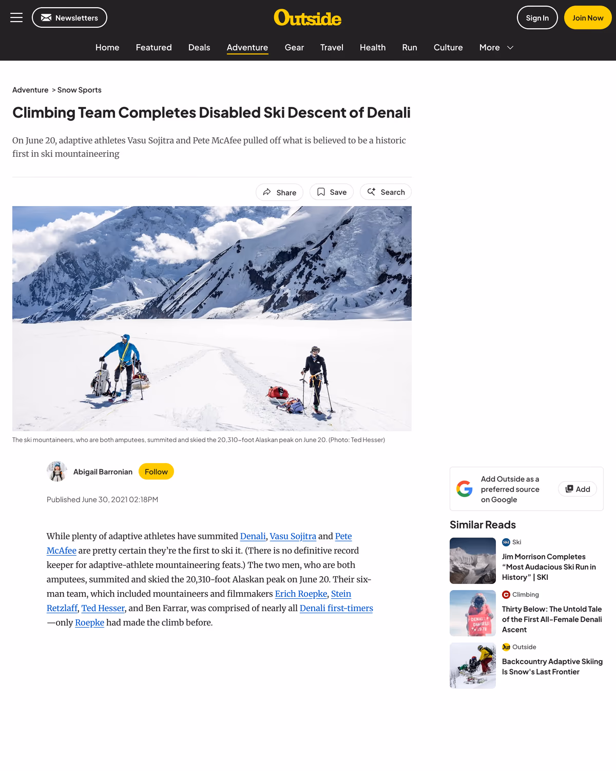 Outside Online: Team Completes (Likely) First Disabled Ski Descent of Denali