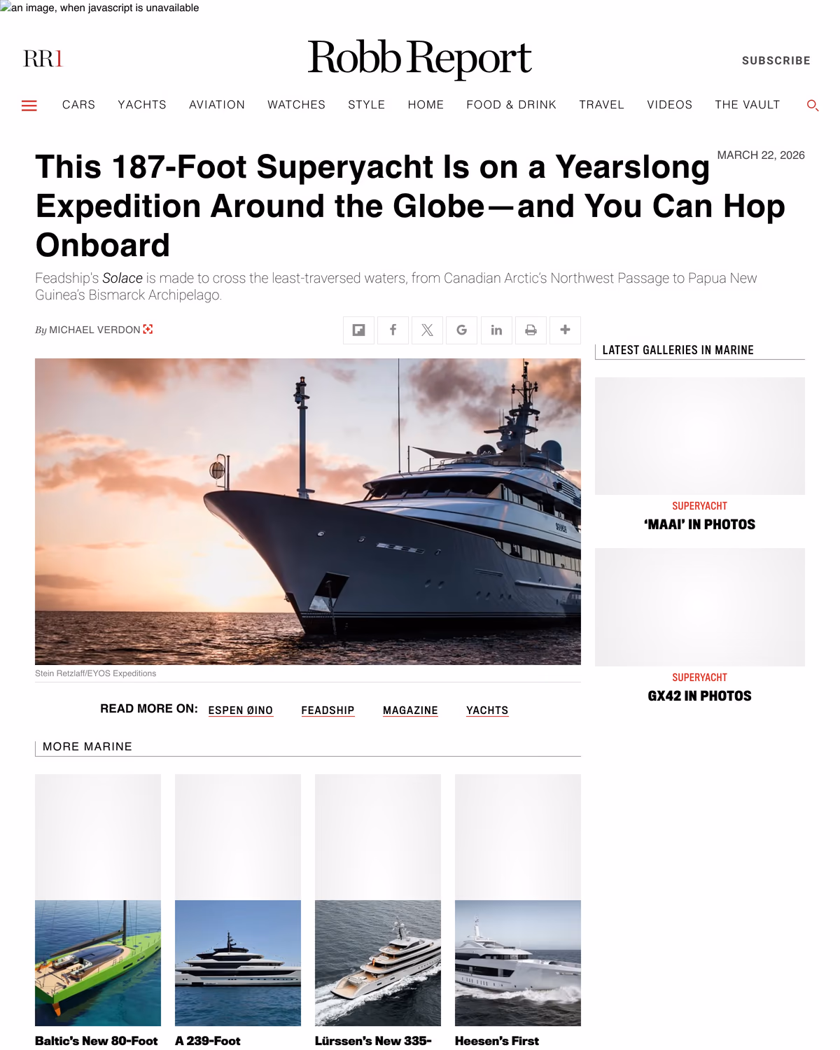 Robb Report: This 187-Foot Superyacht Is on a Yearslong Expedition Around the Globe, and You Can Hop Onboard